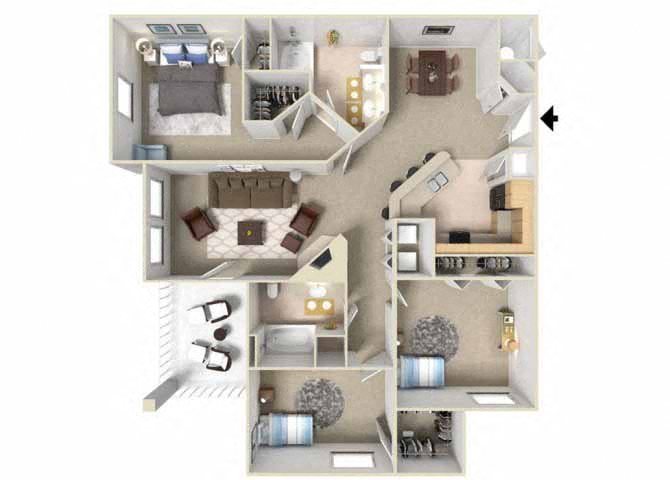 three bedroom floor plan l Rancho Cordova, CA Avion Apartments logo